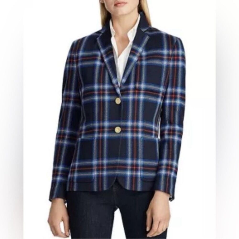 Lauren Ralph Lauren Plaid Blazer Jacket Womens 2X Navy Blue Gold Buttons Stretch